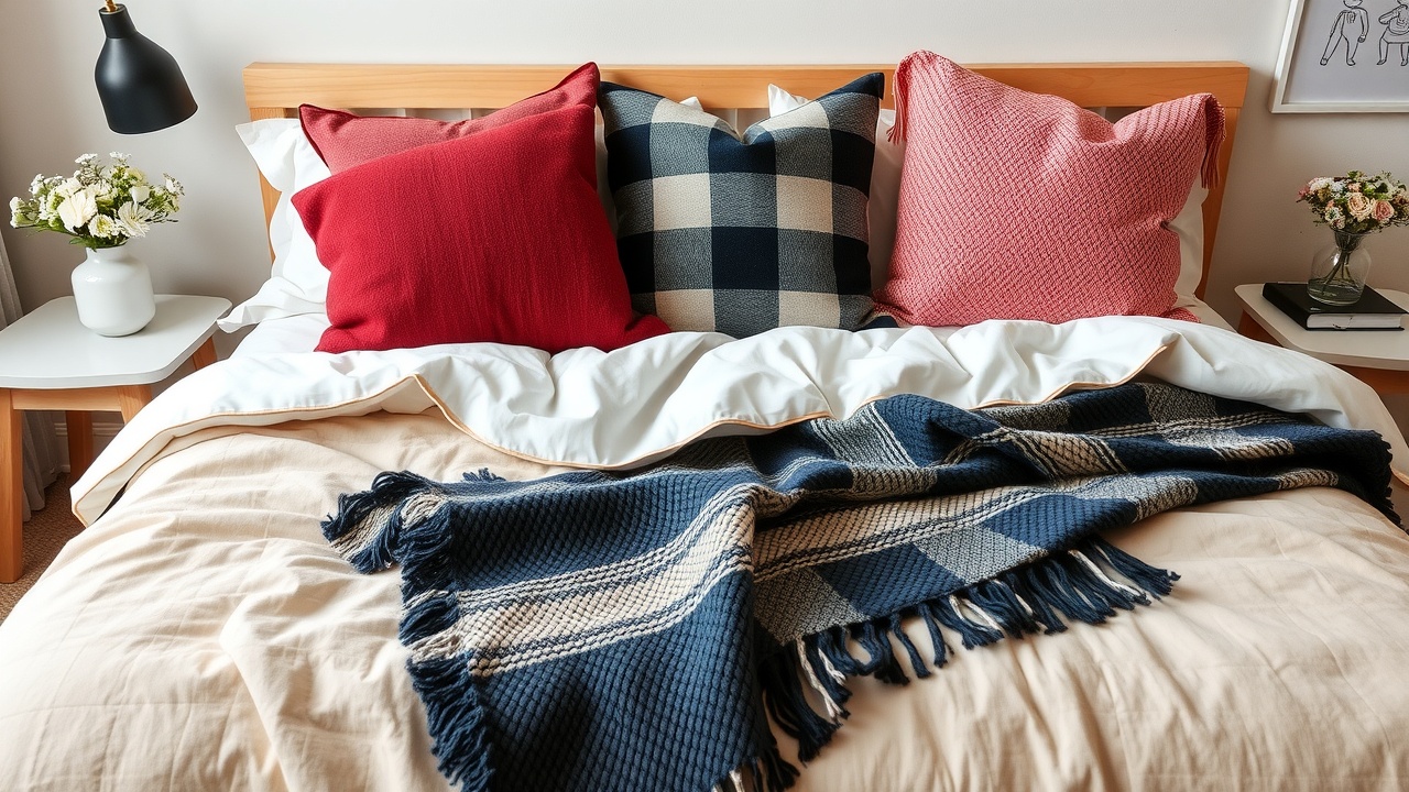 des coussins en fausse fourrure et un plaid tricoté sur un lit