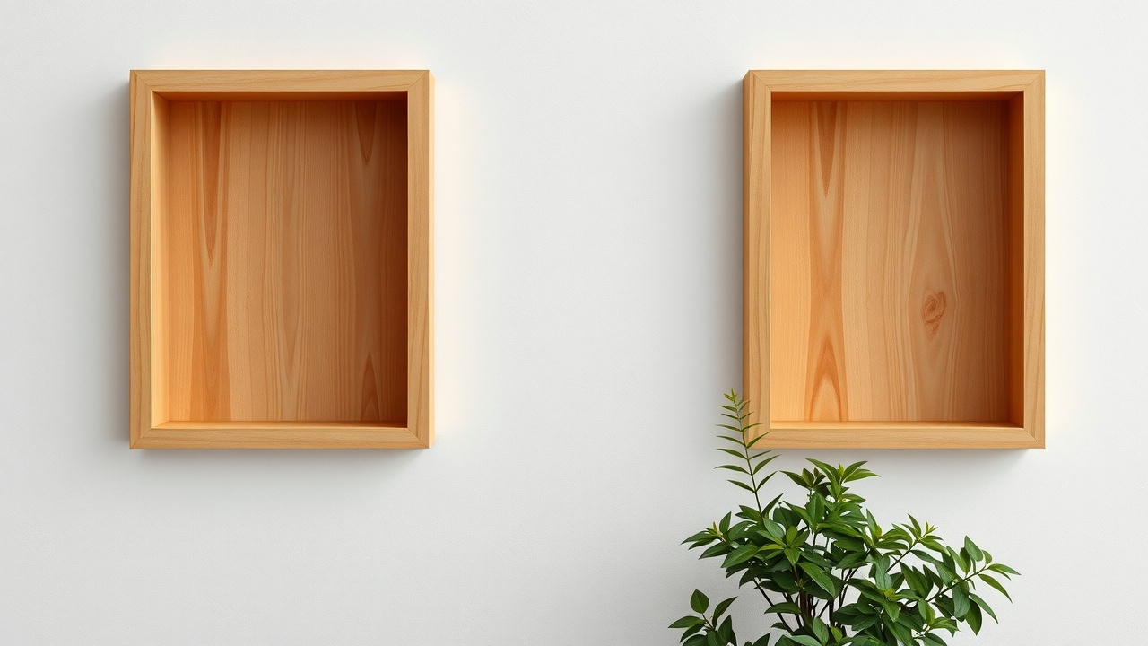 un mur blanc avec des étagères en bois clair et une petite plante verte