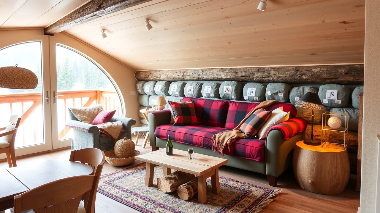 un salon de montagne avec un canapé confortable et un plaid en laine