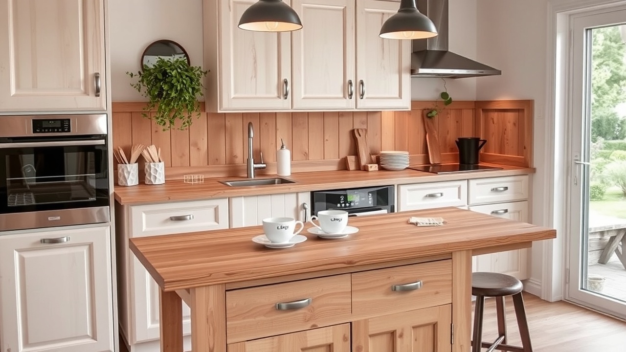 une petite cuisine ouverte en bois avec quelques tasses sur le comptoir