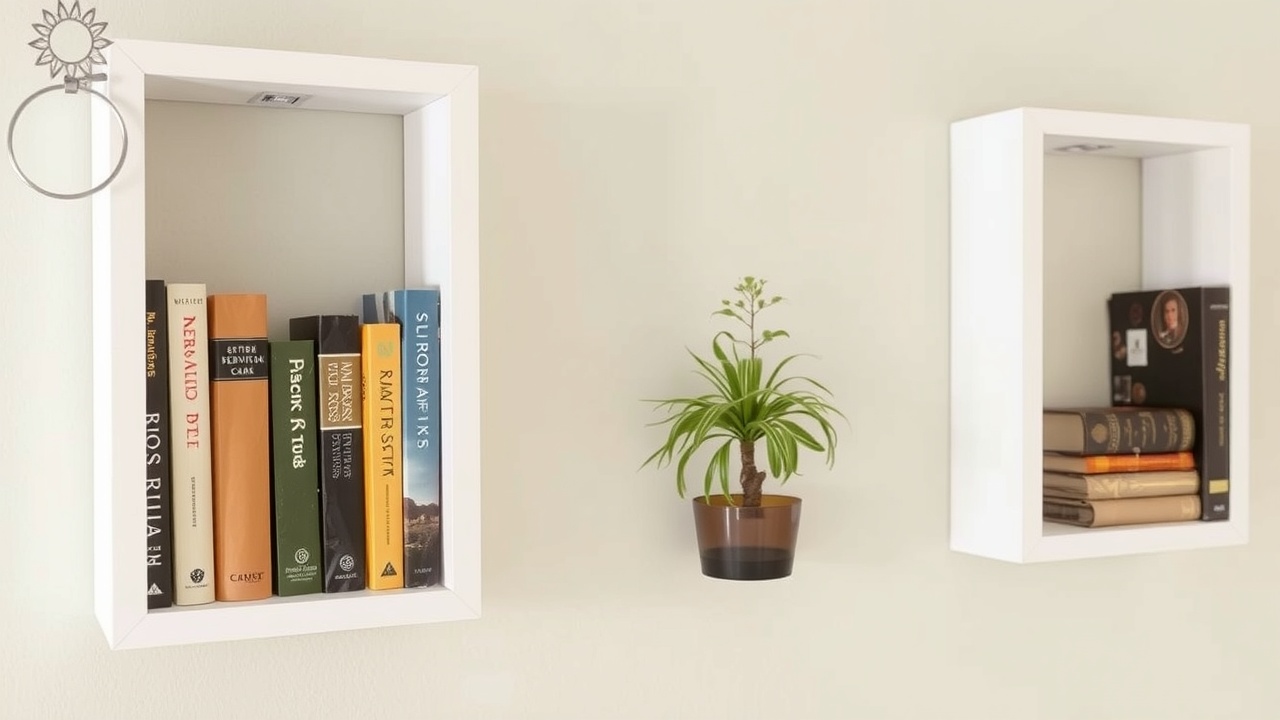 Des étagères murales blanches avec des livres et une petite plante verte.