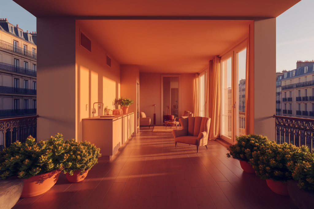 un appartement moderne avec des plantes vertes, une cuisine et un coin salon