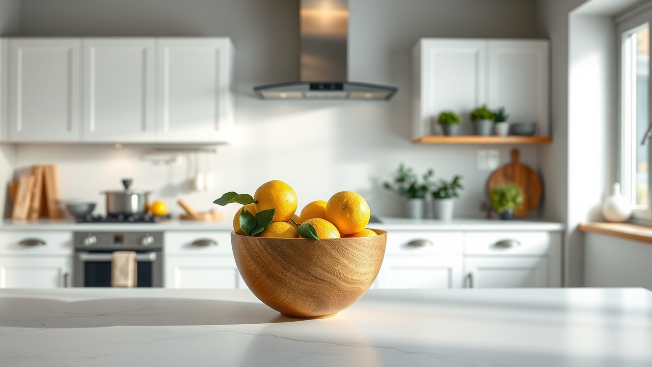 un bol de citrons jaunes posé sur un plan de travail de cuisine blanc et propre