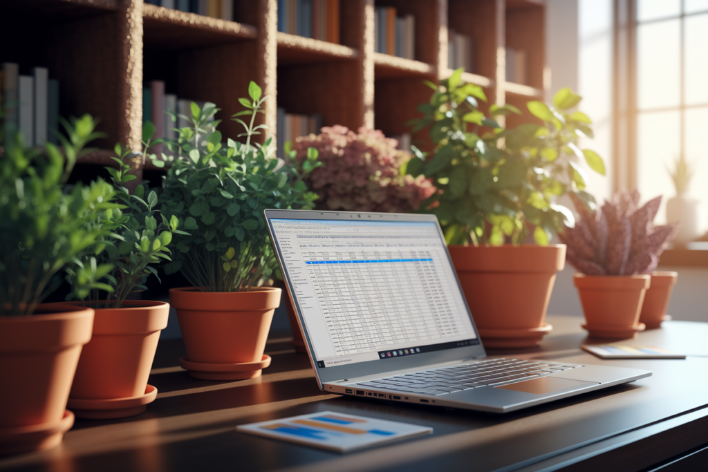 un bureau professionnel avec pc portable et plantes vertes