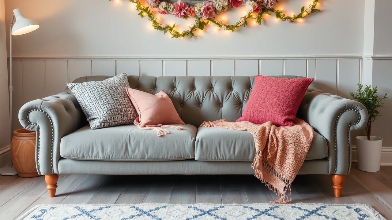Un canapé gris avec des coussins colorés et une guirlande lumineuse au mur.