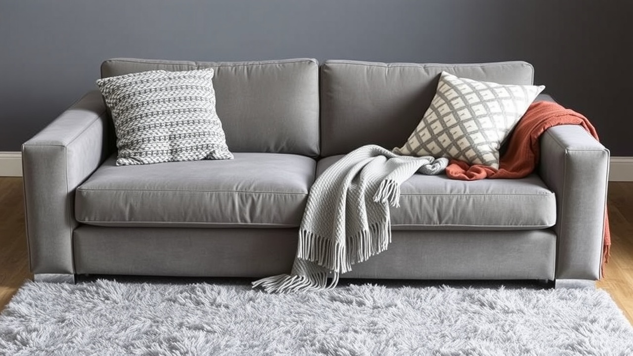 Un canapé gris avec deux coussins texturés et un plaid négligemment posé.