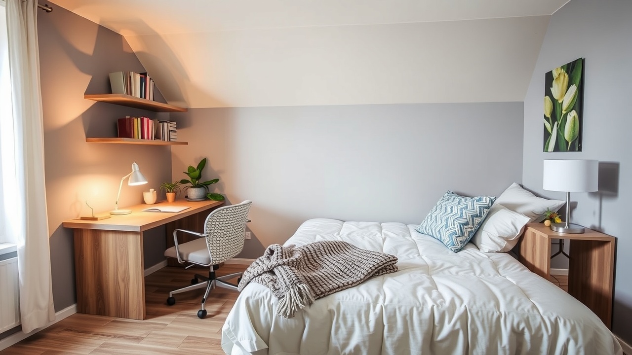 Un coin bureau bien rangé à côté d'un lit avec des coussins.