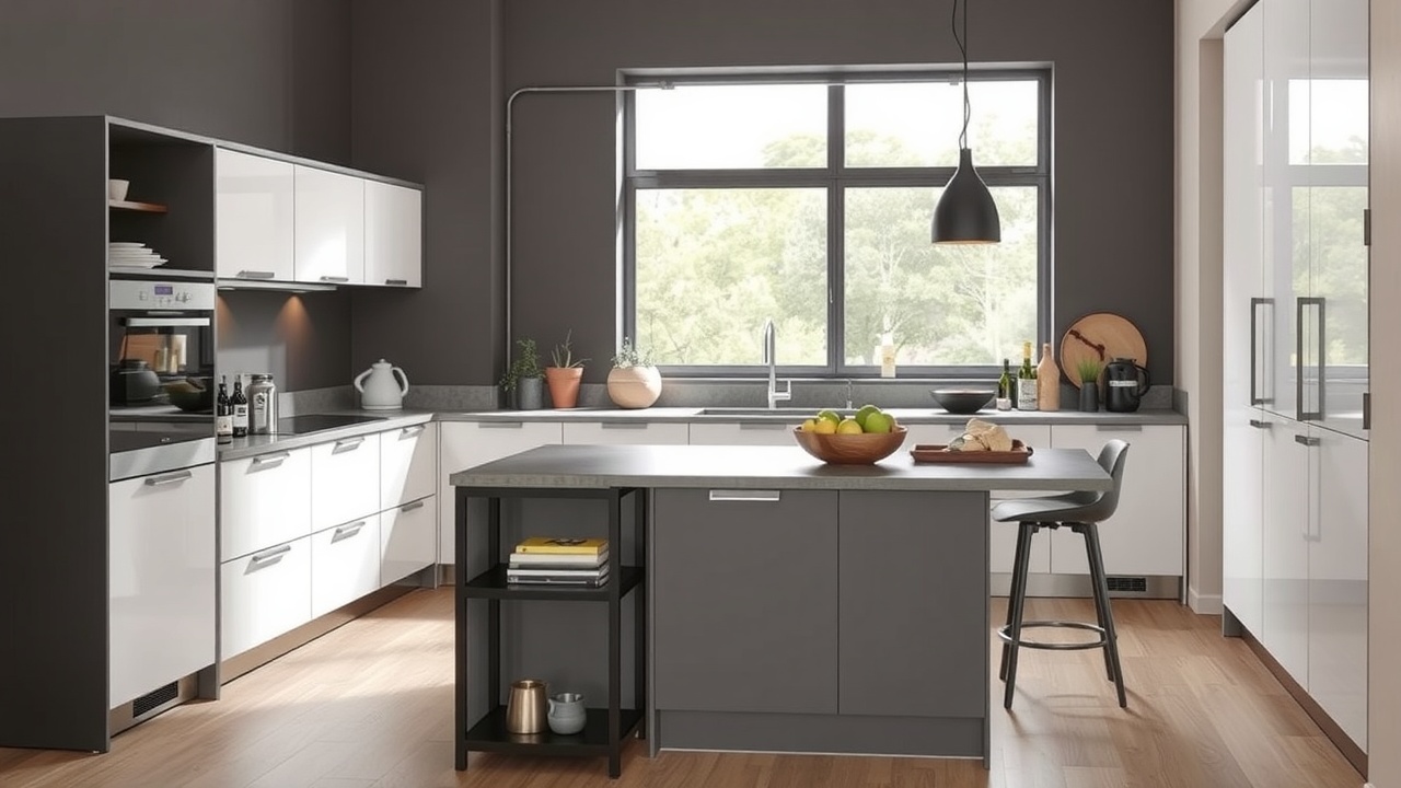 un coin de cuisine moderne avec un plan de travail gris et une poignée de meuble en métal noir