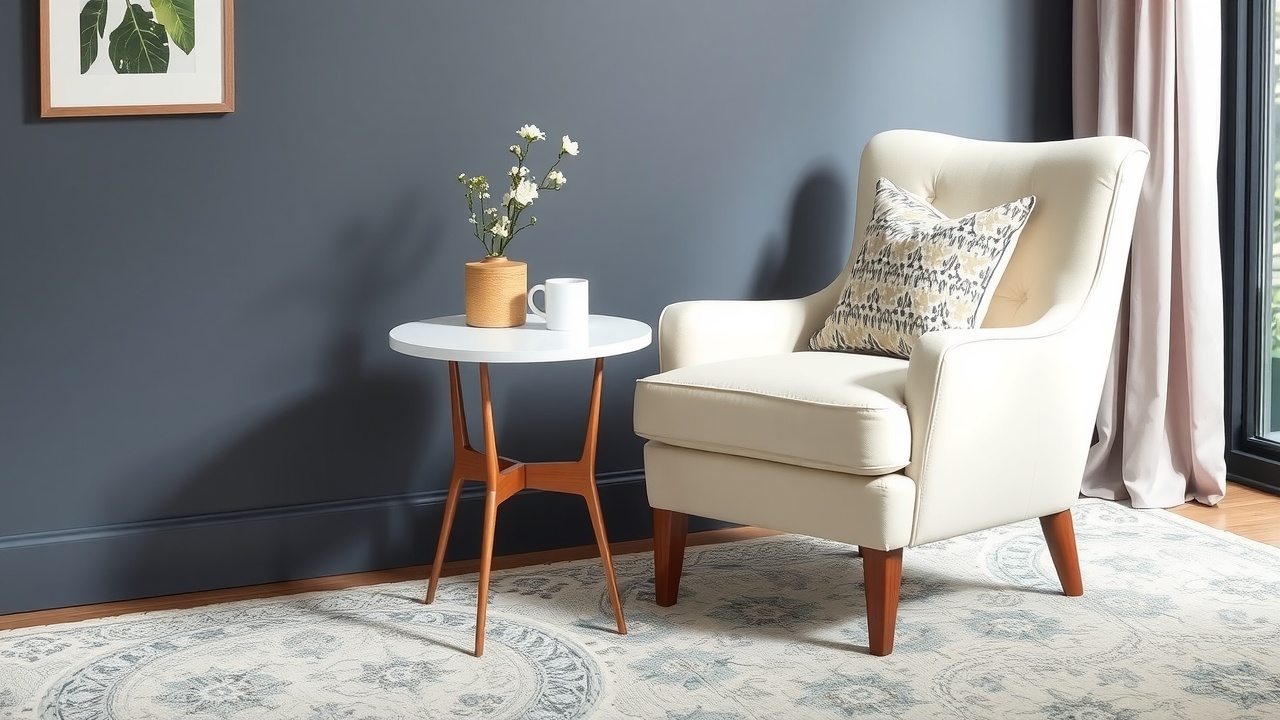 un fauteuil confortable de couleur crème à côté d'une petite table basse ronde