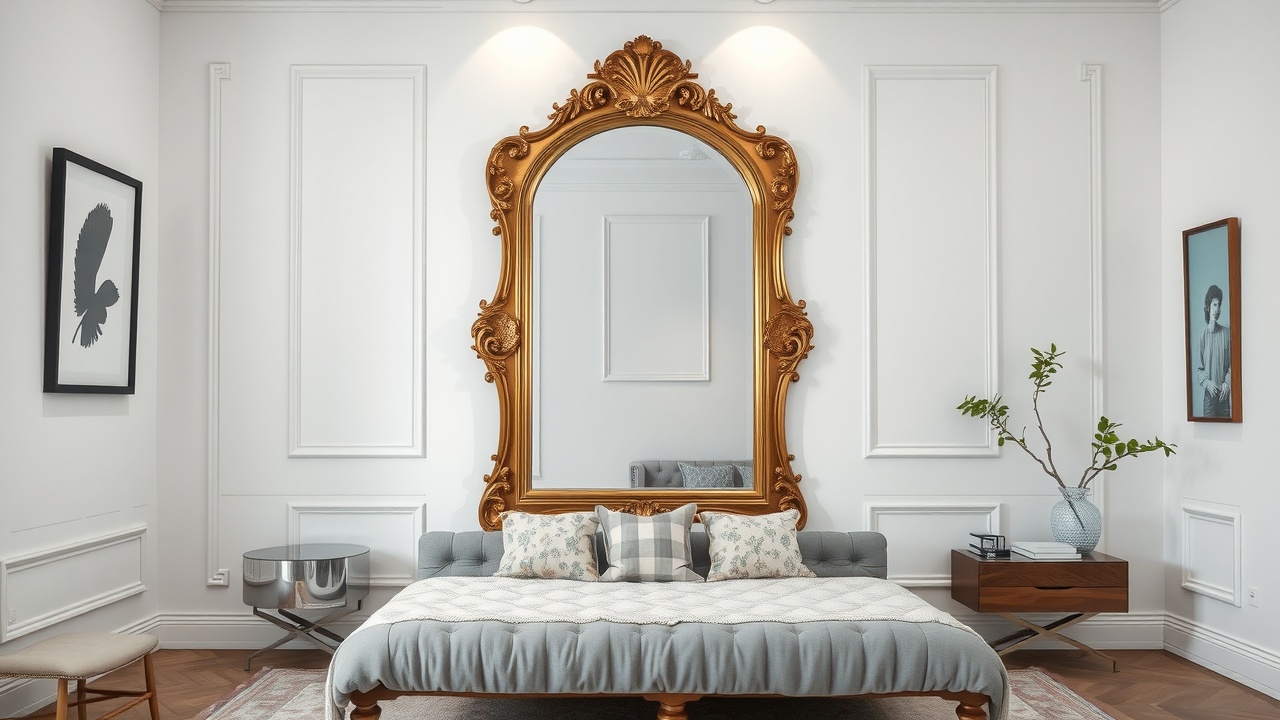 un grand miroir posé contre un mur blanc dans une chambre à coucher