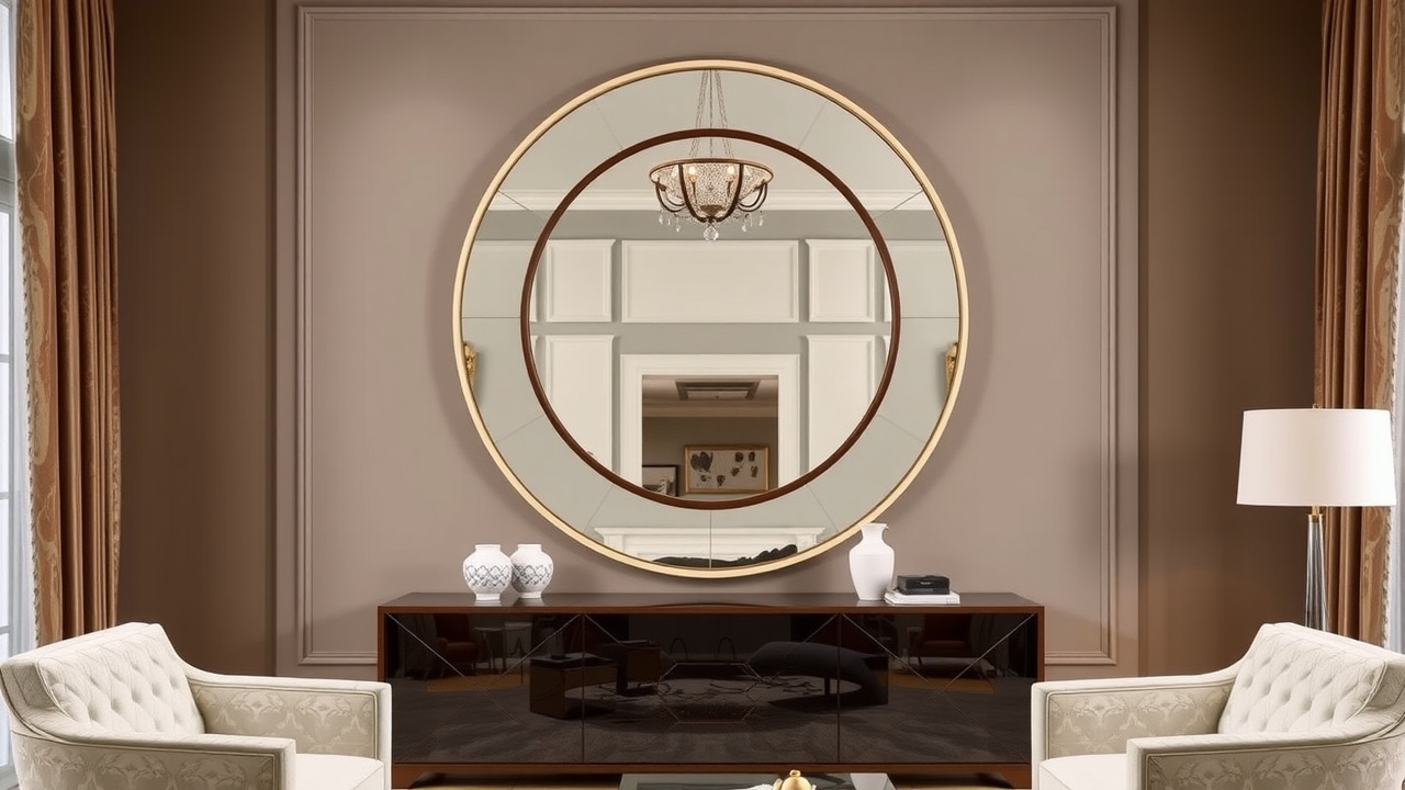 Un grand miroir rond accroché au-dessus d'une console dans un salon étroit