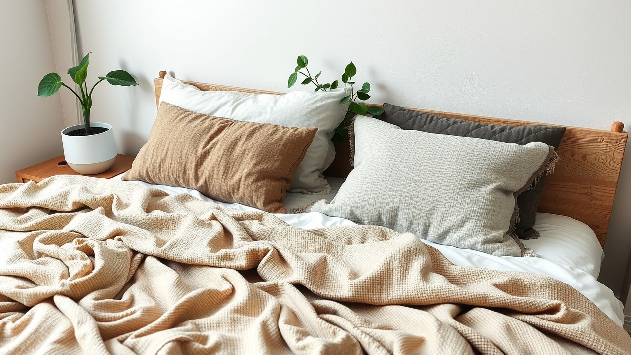 un lit bien fait avec des coussins et une plante verte à côté