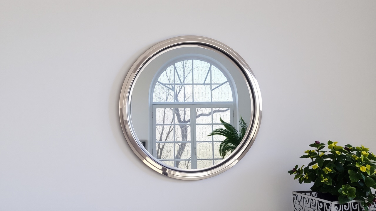 Un mur clair avec un grand miroir rond reflétant la lumière d'une fenêtre.