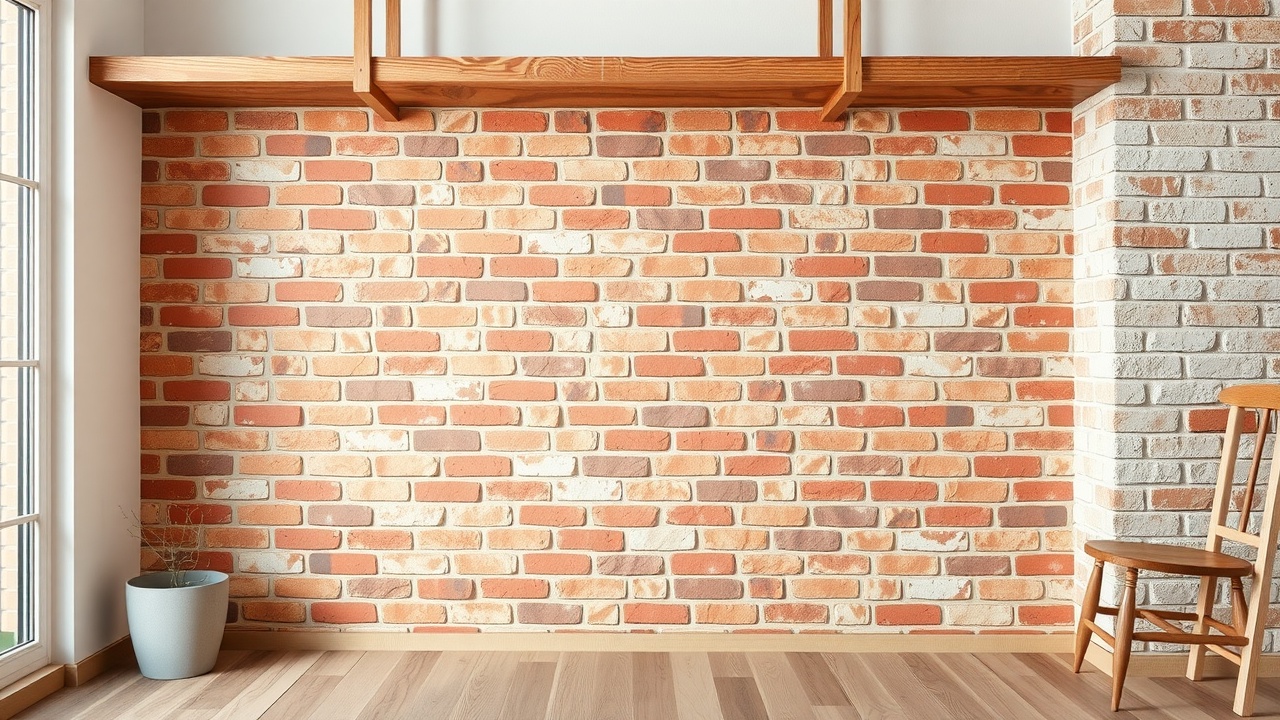 un mur en briques rouges avec une étagère en bois simple dessus