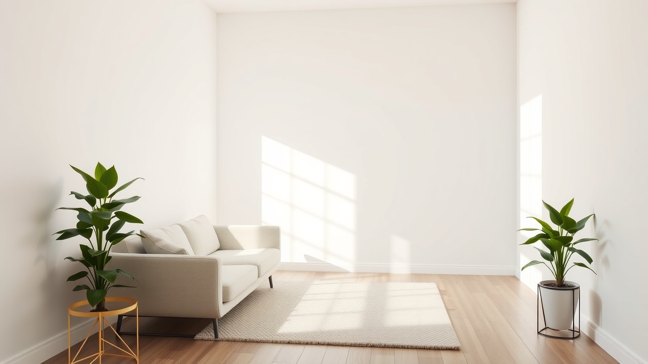 Un petit salon lumineux avec un mur blanc, un canapé clair et une plante verte.