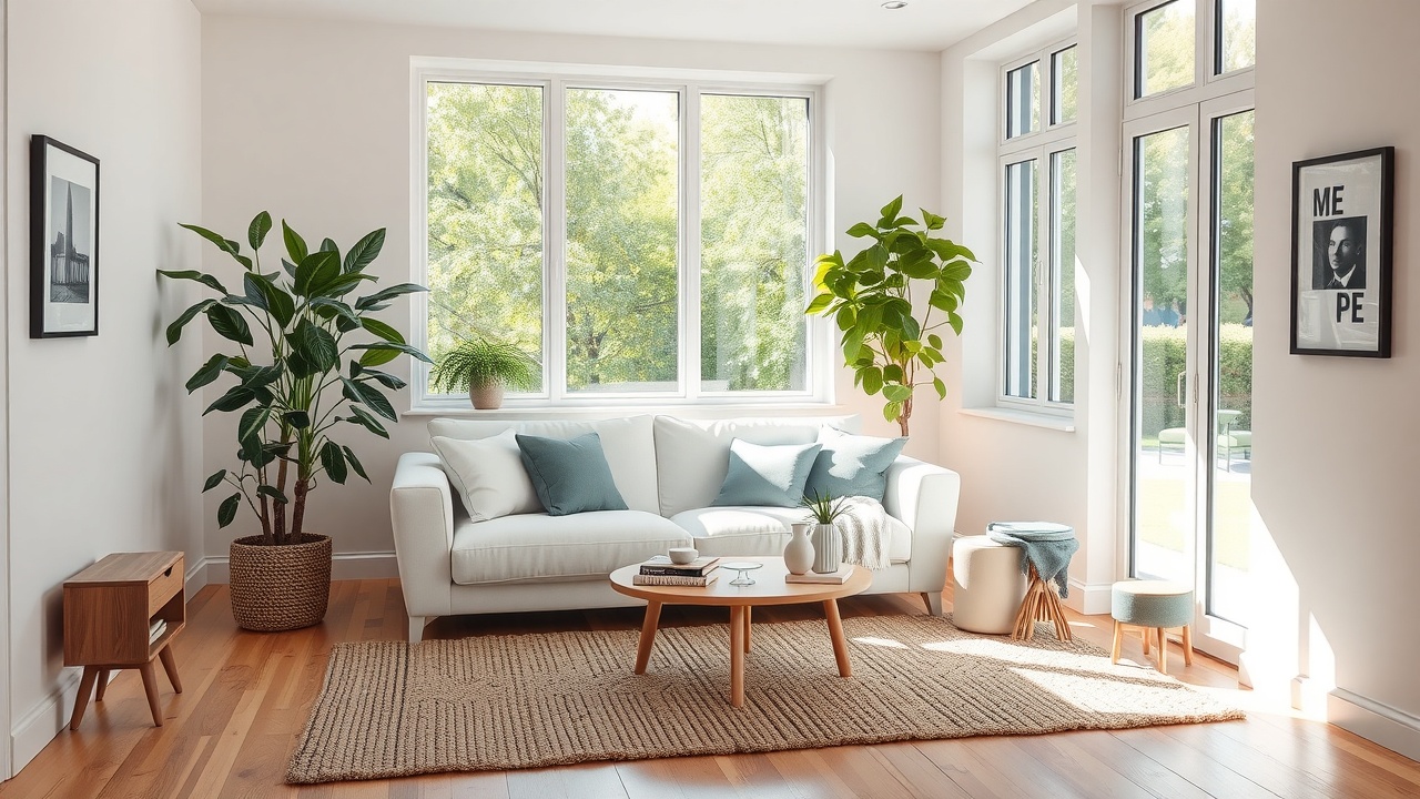 un salon lumineux avec un canapé clair et une plante verte dans un coin