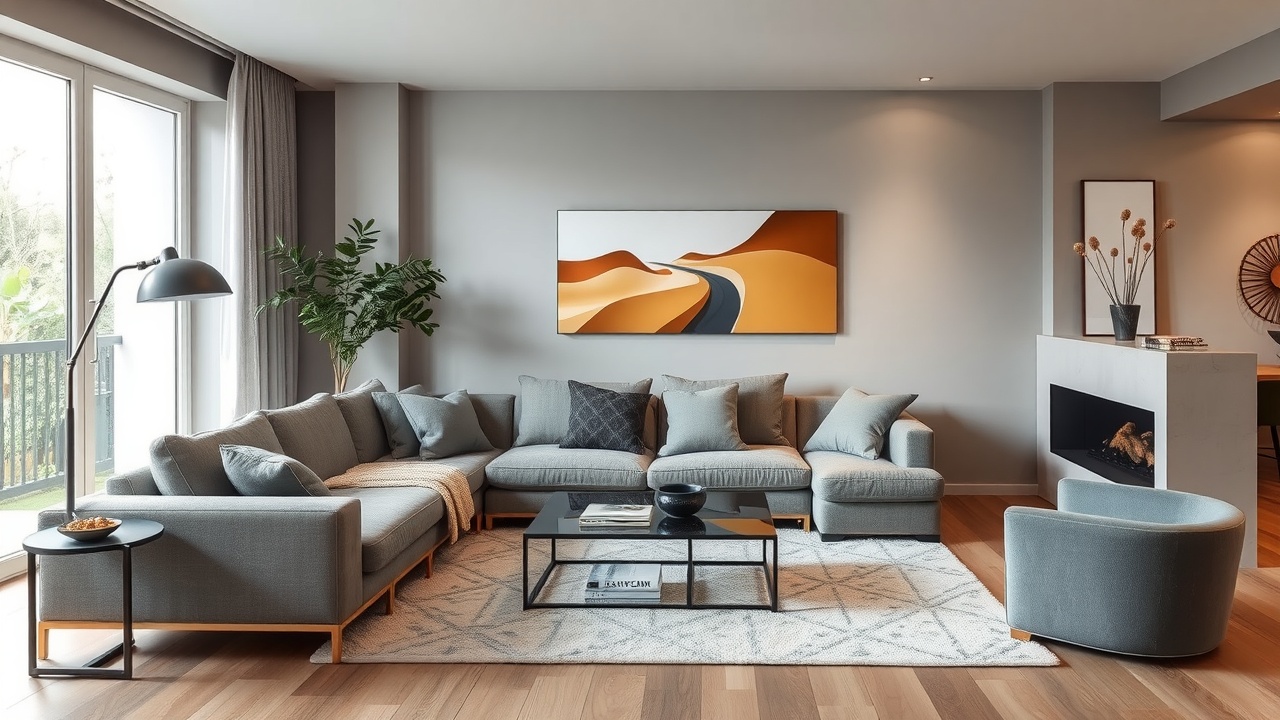 un salon moderne et épuré avec un grand canapé gris