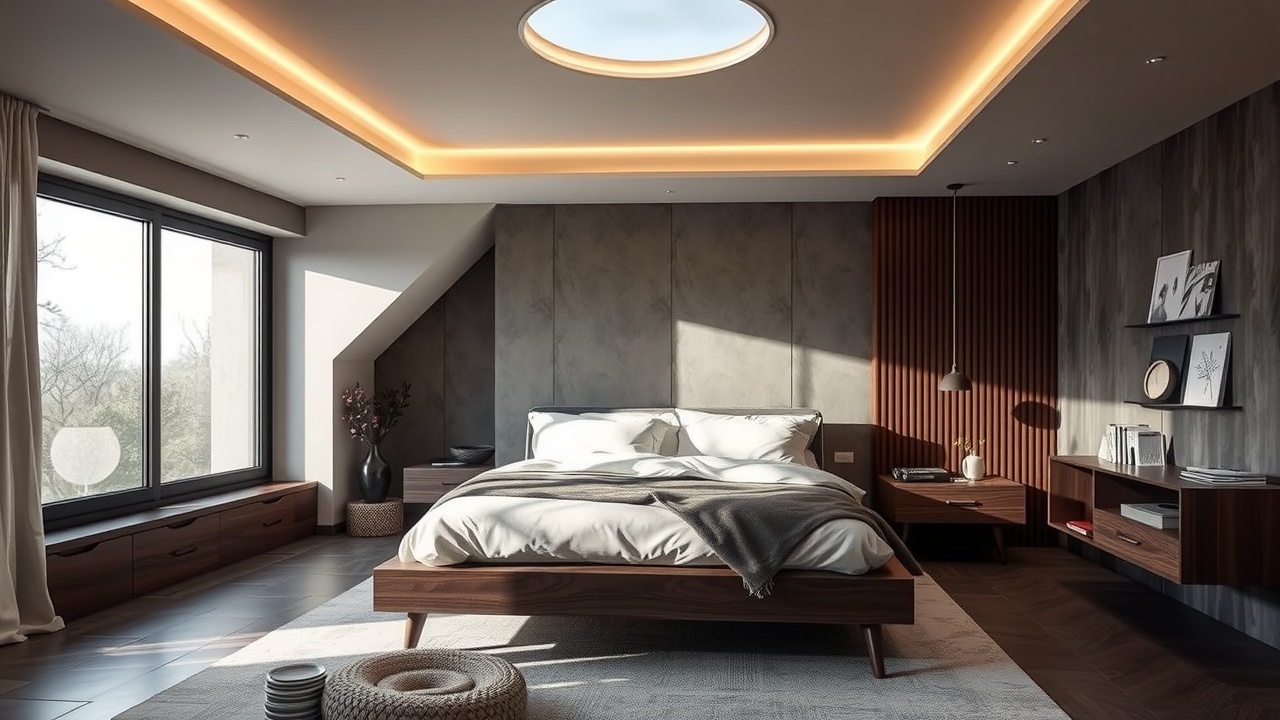 une chambre à coucher design avec un lit au centre et une grande fenêtre