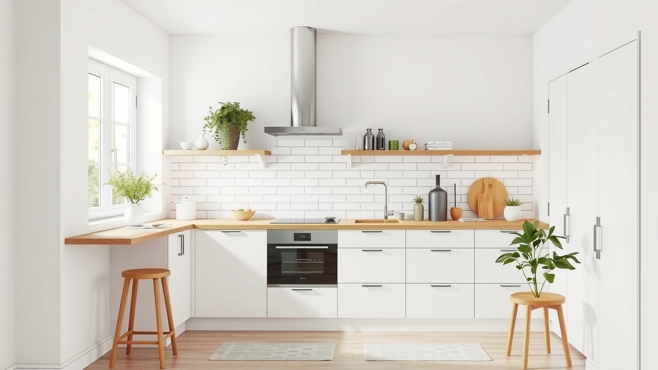 une cuisine blanche simple avec un plan de travail en bois et une plante verte