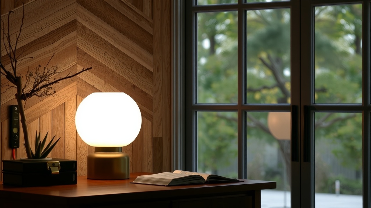 une lampe de bureau design allumée sur une table en bois près d'une fenêtre
