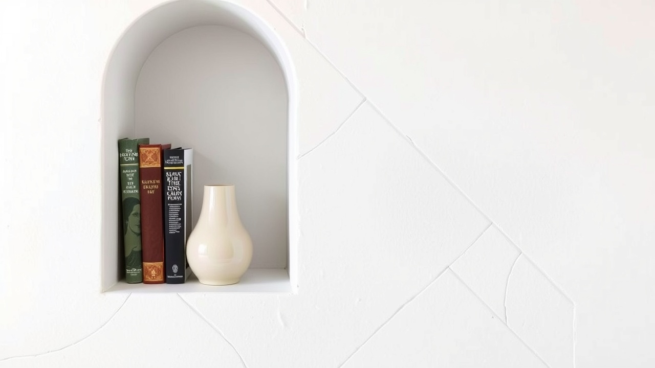 une niche murale blanche avec quelques livres et une petite vase