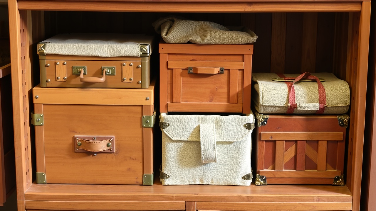 Des paniers en osier et des boîtes en tissu sur une étagère en bois dans un placard.