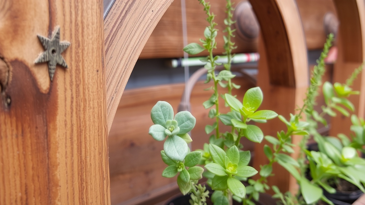 Détail d'une verrière en bois avec des plantes vertes posées à proximité.