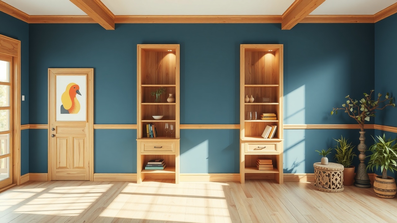 L'intérieur d'un placard avec un mur du fond peint en bleu canard et des étagères en bois clair.