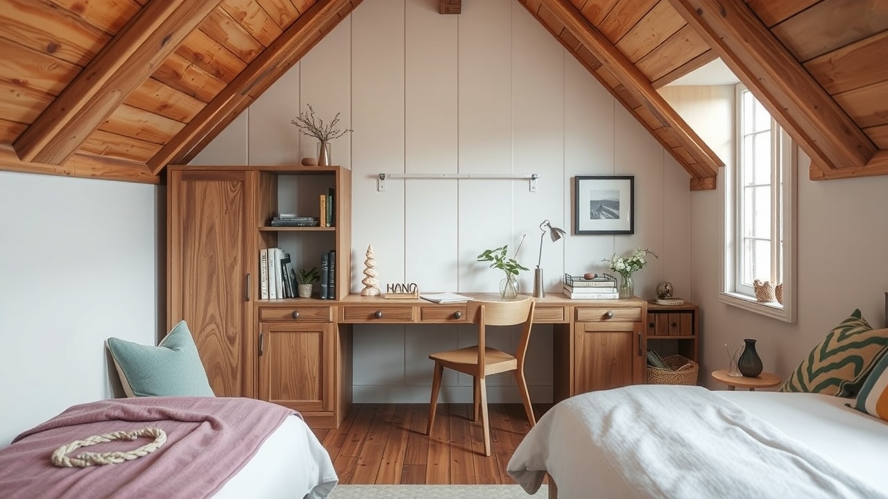 un bureau mural rabattable en bois dans une chambre mansardée