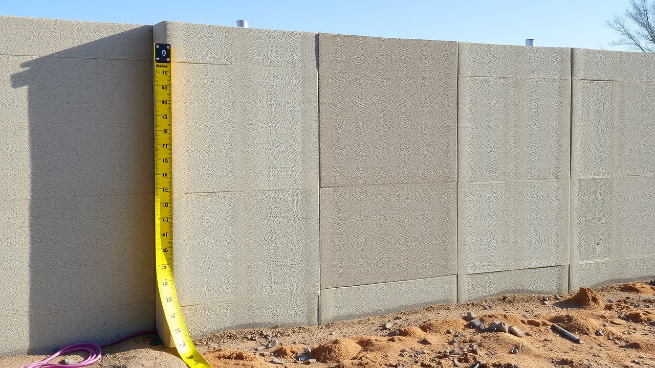 Un mur vide avec un mètre ruban posé au sol, prêt à prendre des mesures.