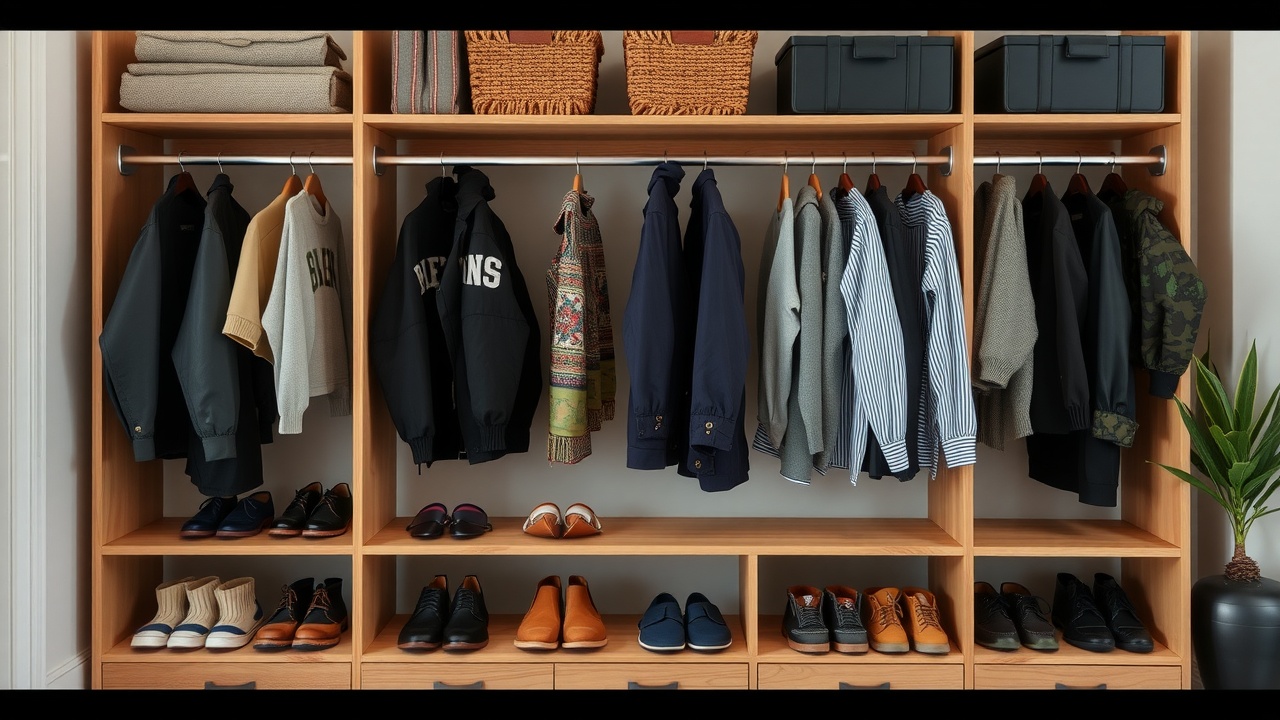 Un placard d'entrée bien rangé avec une zone pour les chaussures en bas, des manteaux suspendus au milieu, et des boîtes sur l'étagère du haut.