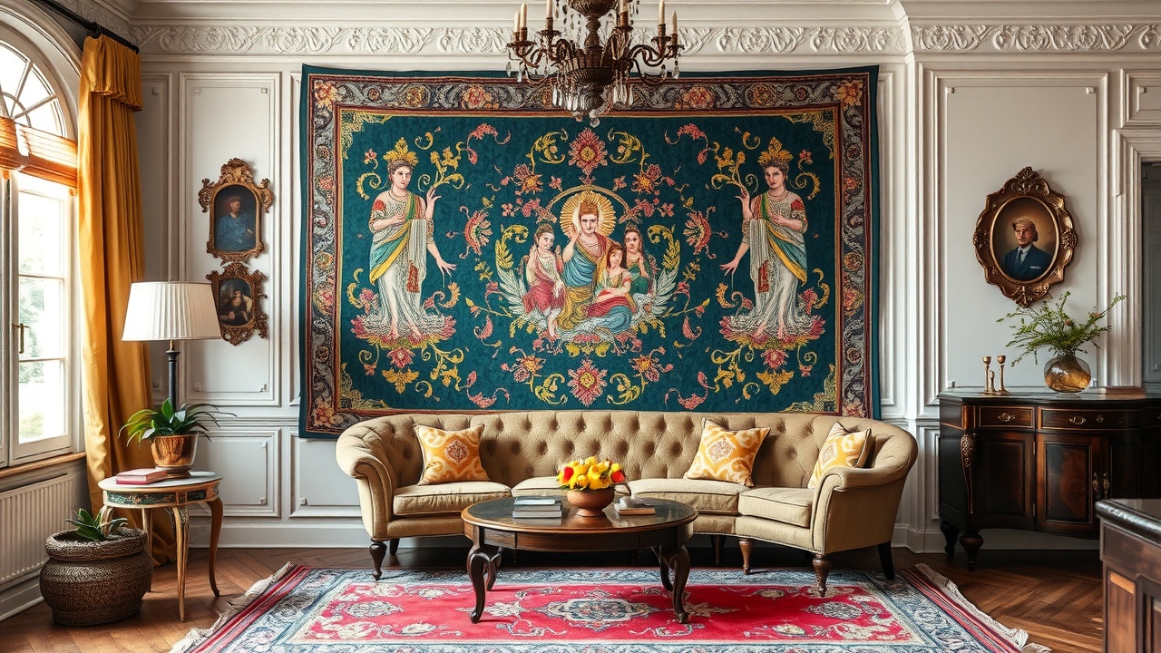 Un tapis coloré et des cadres sur le mur d'un salon.