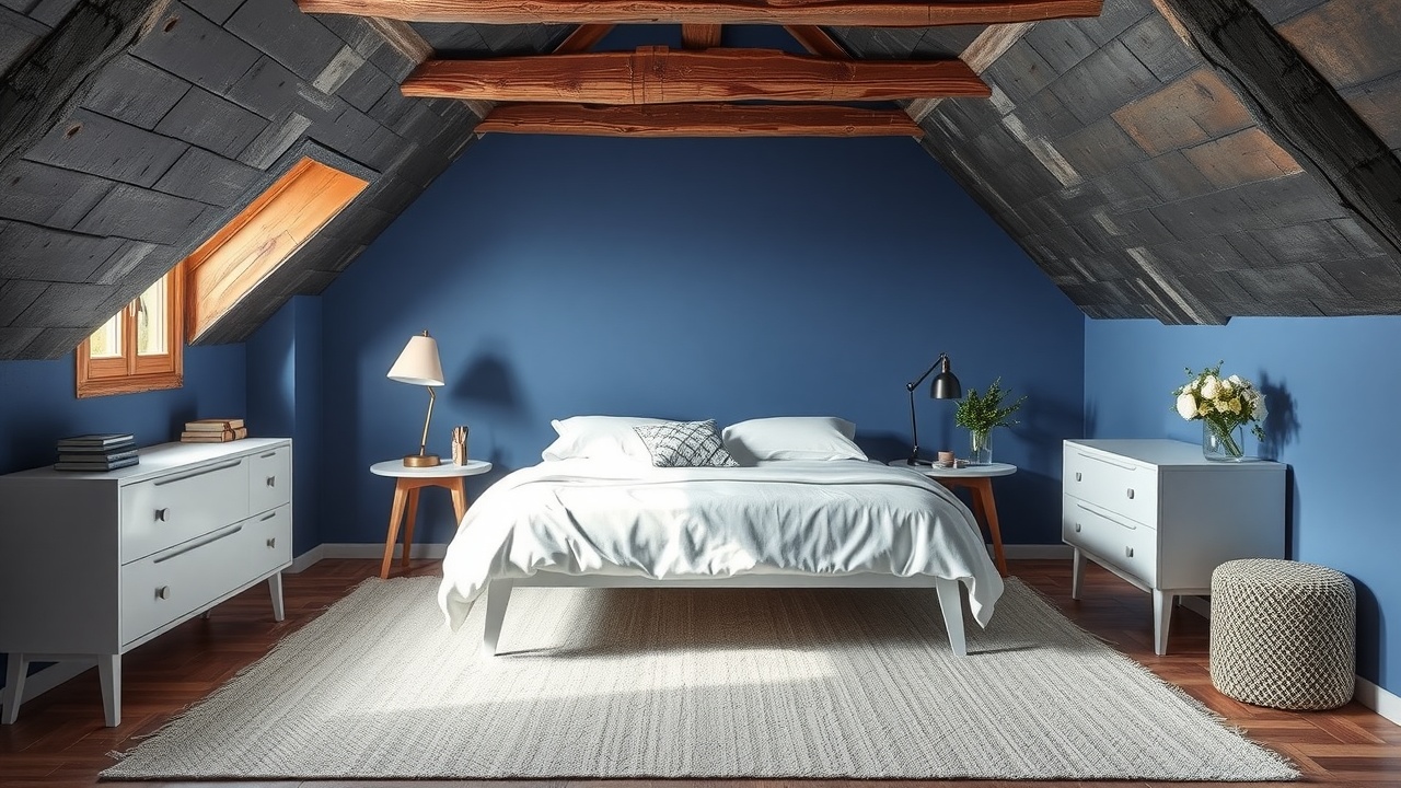 une chambre d'ado sous les toits avec un mur bleu et un lit blanc