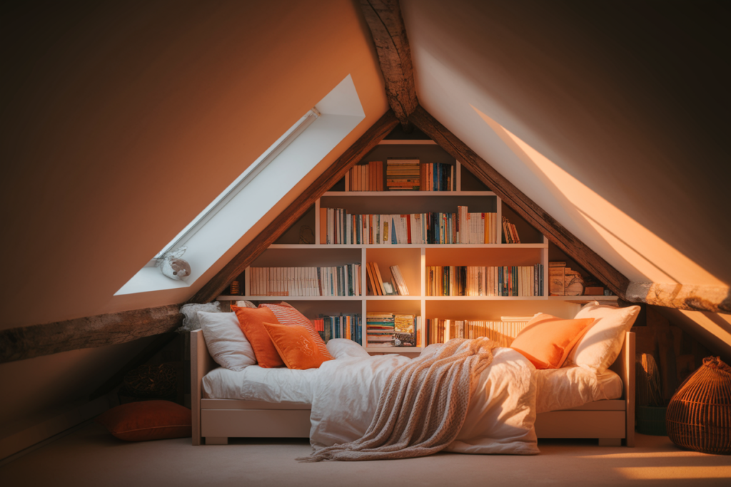 Une chambre d'ado sous pente, bien rangée et bien aménagée, avec des couleurs blanches, bois et orange