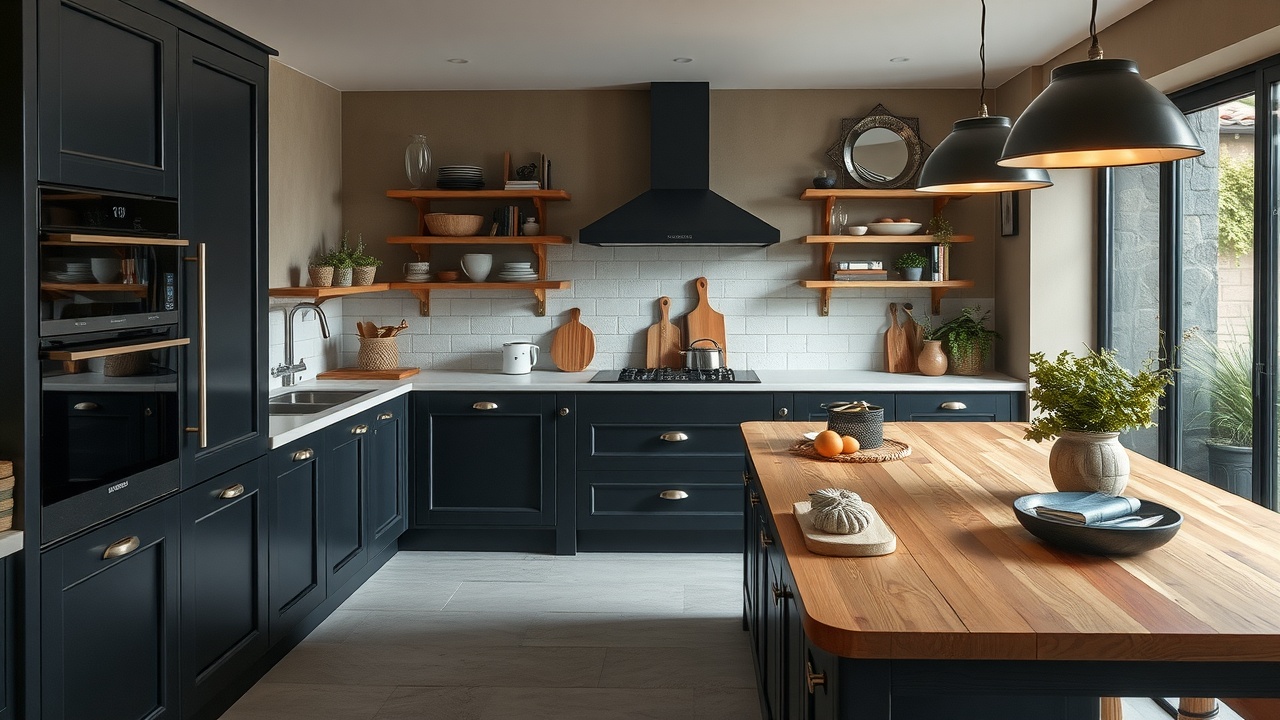 Une cuisine lumineuse avec une verrière noire et un plan de travail en bois.